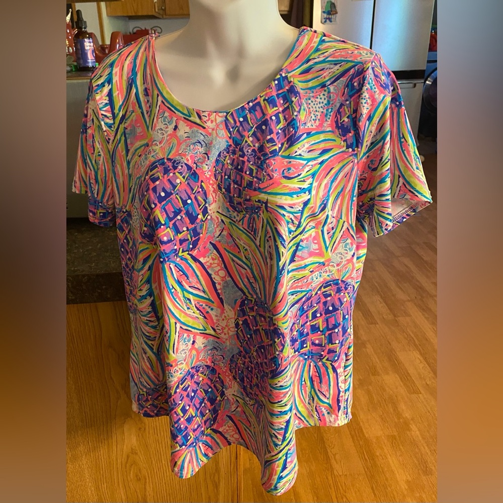 Lulu-B Short Sleeve Tee in Pink, Blue, Purple, & Green Pineapple Print
